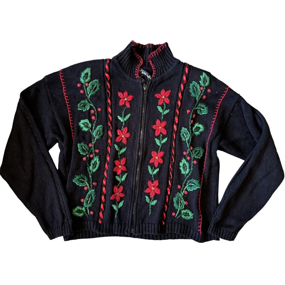 Work In Progress Christmas Sweater Poinsettia Black Embroidered Cardigan XL Zip
